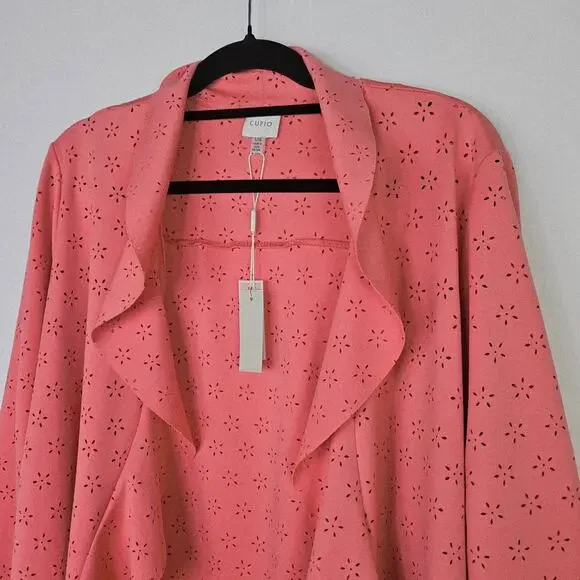 New Cupio Peach Solid Ruffle Scuba Floral Eyelet Open Front Blazer Jacket Large - Picture 12 of 15